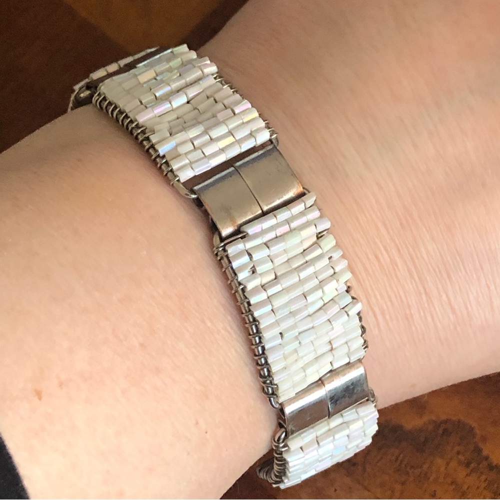 Handcrafted wired iridescent bead link bracelet